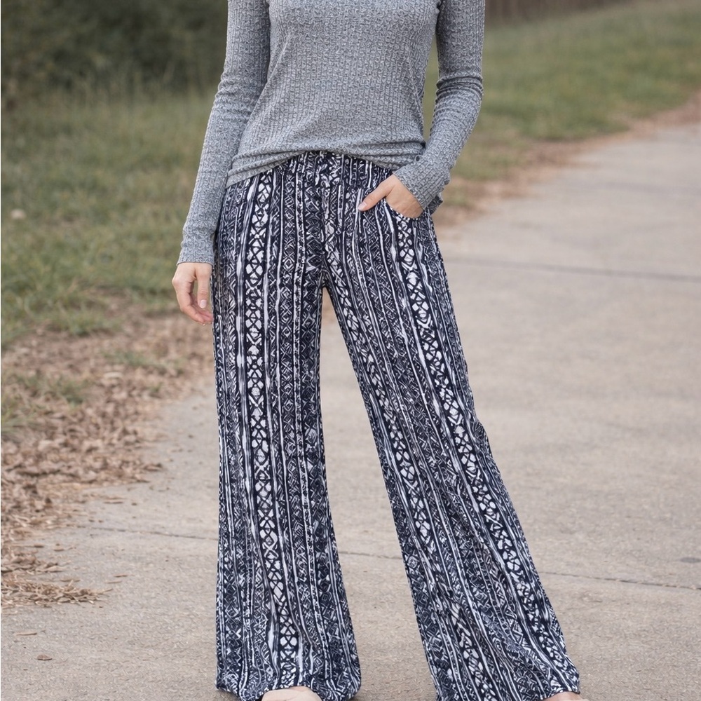 Blue & White Printed Wide Leg Pants with Elastic Waist